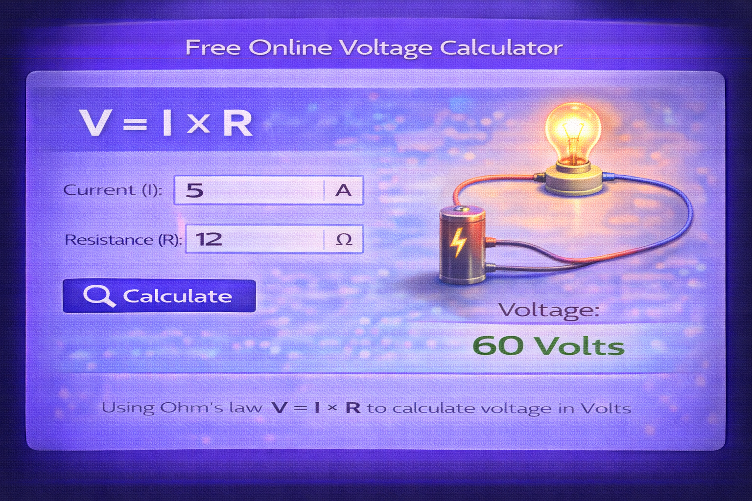 Free online voltage calculator interface showing current and resistance inputs with Volts output using V = I × R Ohm's law